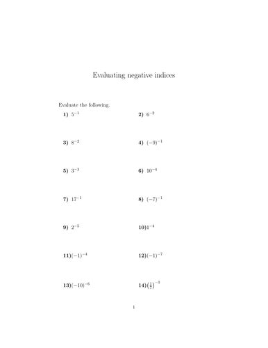 Evaluating Negative Indices Worksheet With Solutions Teaching Resources