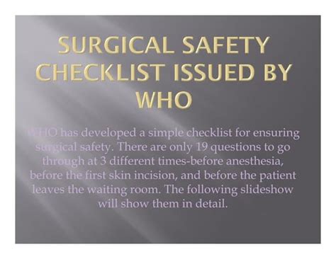 Who Surgical Checklist Principles And Procedures