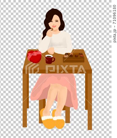 발렌타인 자신 초콜릿 초콜릿을 먹고 미소 의자에 앉아있는 여성 일러스트 티타임 스톡일러스트 PIXTA