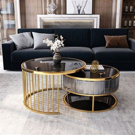 Modern Round Gold And Black Coffee Table With Shelf Tempered Glass Top