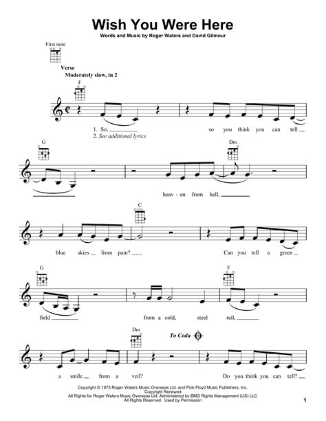 Wish You Were Here by Pink Floyd Sheet Music for Ukulele at Sheet Music