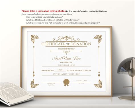 Editable Gold Certificate Of Donation Template Printable Etsy
