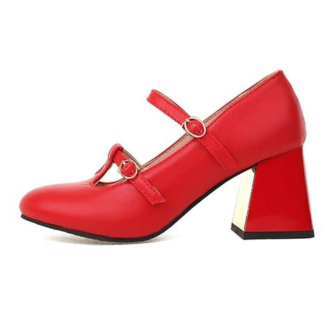 2022 Womens Round Toe Pu Leather Pumps Buckle Mary Jane Block High