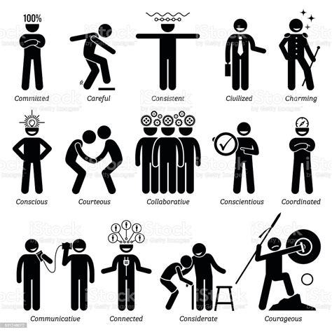 Positive Personalities Character Traits Stick Figures Man Icons Stock