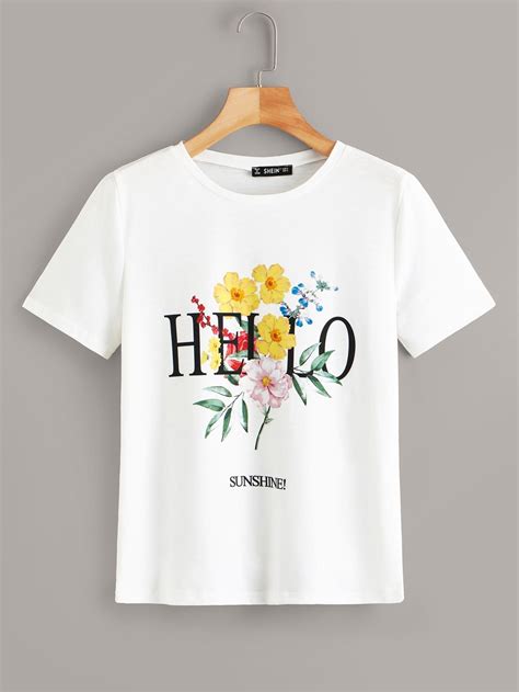 Camiseta Con Estampado De Letras Y Flor Shein España Camisetas