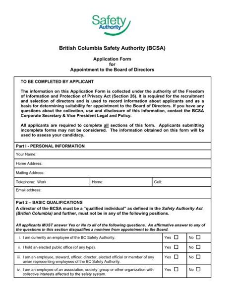 Application Form For Appointment To The Board Of Director