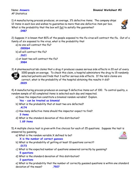 Binom.dist returns the individual term binomial distribution probability. Worksheet Binomial And Geometric Distribution | Kids ...