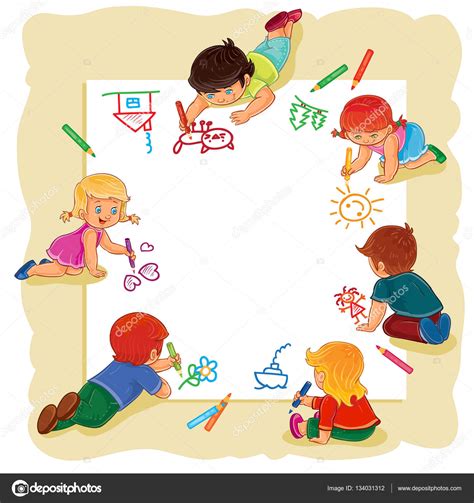 Gelukkige Kinderen Tekenen Samen Op Een Groot Vel Papier — Stockvector