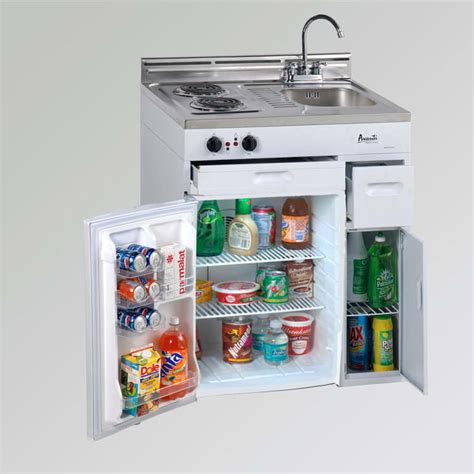 Stainless steel sink with chrome faucets stainless steel counter top two electric heating elements (500/900 watts) power indicator lights saperate storage area with door two drawers integrated. Avanti CK301SHP 30 Inch Complete Compact Kitchen with 2.4 ...