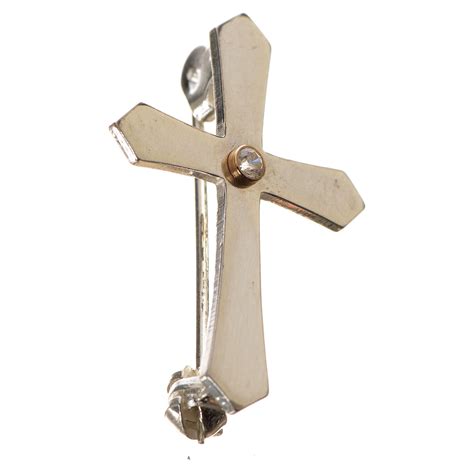 Clergy Cross Lapel Pin With Pointed Edges In 925 Silver Zircon Online
