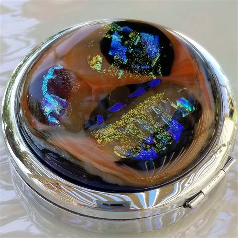 Jumbo Pill Box With A Huge Sparkly Dichroic Glass Cabochon Etsy Unique Fused Glass Dichroic