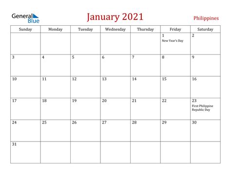 This collection includes clean and minimalist designs. January 2021 Calendar - Philippines