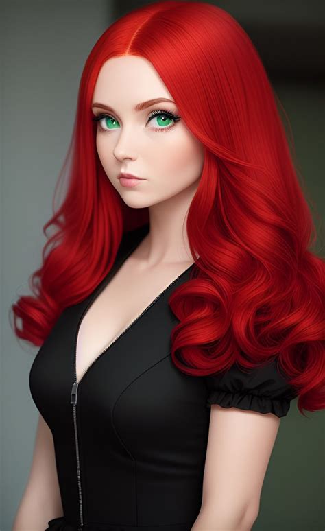 A Red Haired Woman With Green Eyes And Long Wavy Hair Wearing A Black
