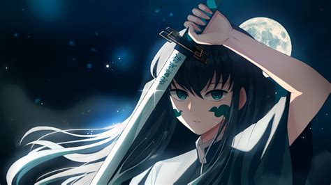 Black Hair Blue Eyes Muichiro Tokito With Sword In Moon Sky Background