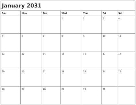 January 2031 Month Calendar