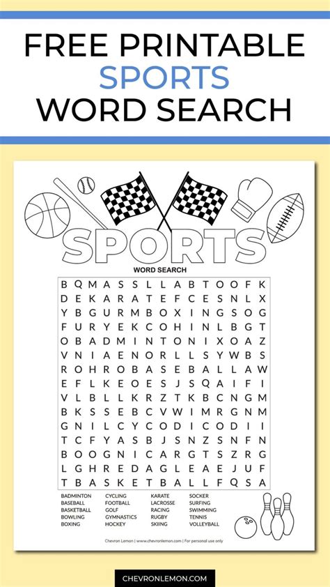 Free Printable Sports Word Search Puzzle Chevron Lemon