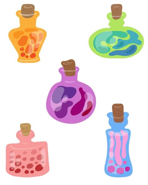 Premium Vector Set Of Colorful Magic Elixirs In Glass Vessels Hand