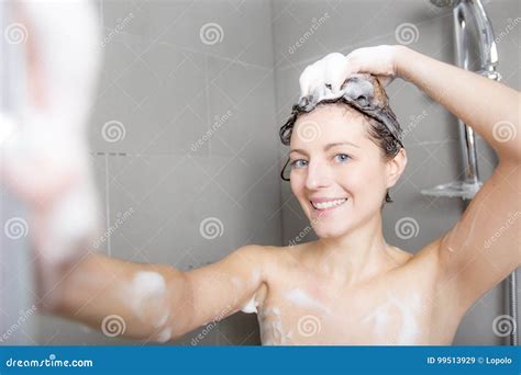 Woman In Shower Washing Hair With Shampoo Stock Image Image Of Lifestyle Clean 99513929
