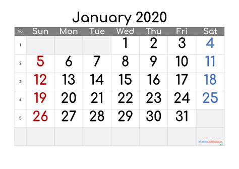 2020 January Free Printable Calendar Free Premium