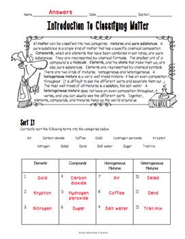 Introduction to Classifying Matter Worksheet by Adventures in Science