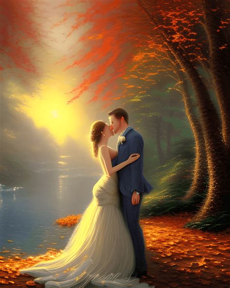 Thomas Kinkade Style Painting Romantic Fall Sunset · Creative Fabrica