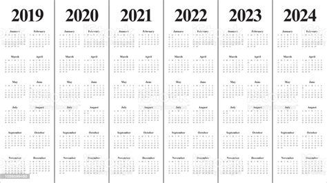 Year 2019 2020 2021 2022 2023 2024 Calendar Vector Design Template