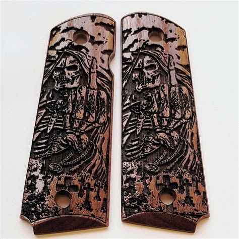 1911 Full Size Custom Engraved Walnut Wood Grips Skull Grim Reaper Flip