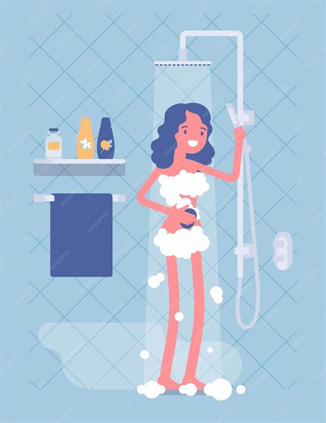 Premium Vector Woman Taking A Relaxing Shower Soaping With Foam