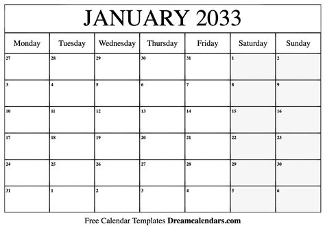 January 2033 Calendar Free Blank Printable Templates