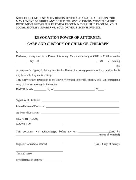 Revocation Of Power Of Attorney For Care Of Child Or Children Texas