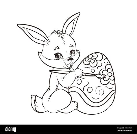Coloring Book Cute Easter Bunny Painting An Easter Egg With A Brush