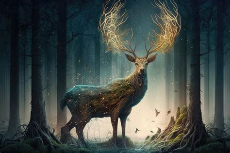Magical Deer In Forest Surrounded By Tall Trees And Magical Creatures