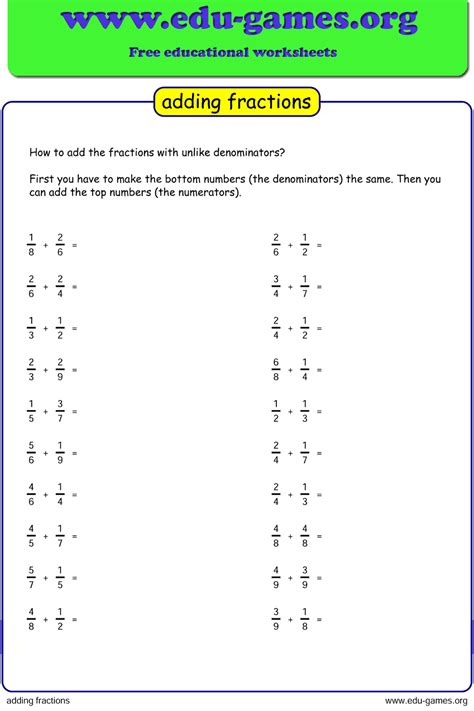 Basic Fraction Addition Worksheets With Unlike Denominators Under 10