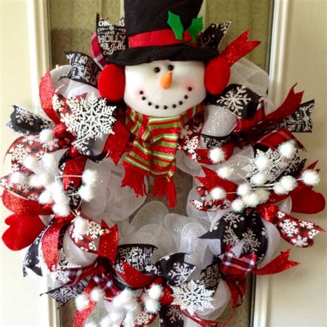 Large Adorable Christmas Snowman Deco Mesh Wreath Wreaths