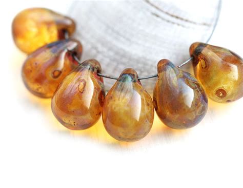 Amber Picasso Teardrop Beads Large Briolettes Czech Glass Etsy