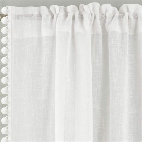 White Voile Curtain Pom Pom Trim Panels Slot Top Sheer Plain Linen
