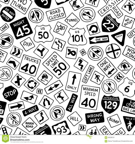 Seamless Pattern Of Cartoon Road Signs In The United States Stock