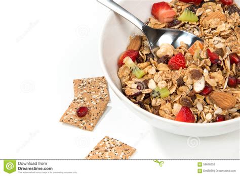 Muesli Cereals Bowl And Spoon With Almond Pine Nuts Walnut Ra Stock