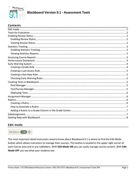Blackboard Version 91 Assessment Tools Contents