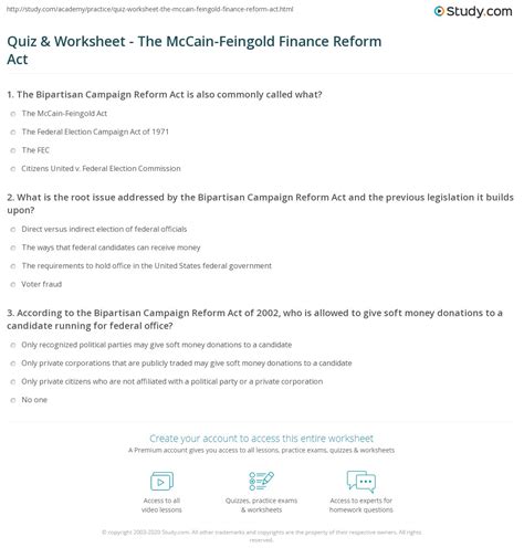 It limited the ways in which national party committees, state, local. Quiz & Worksheet - The McCain-Feingold Finance Reform Act ...