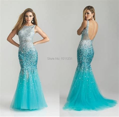 2017 new arrival heavy crystals fashion ice blue mermaid prom dress sexy backless evening party