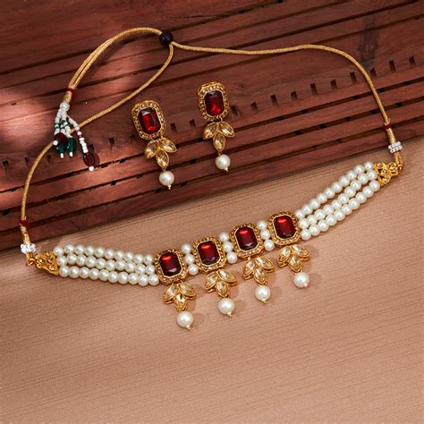 sukkhi fine gold plated lct and pearl choker necklace set for women sukkhiglobal