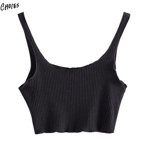 Solid Black Ribbed Cotton Polyester Crop Tank Top Women 2018 New Spring