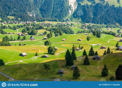 Landscape With Mountain Village In Summer Grindelwald Switzerland