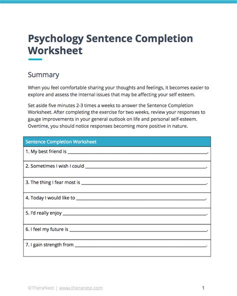 Free Psychology Sentence Completion Worksheet Theranest Self Esteem