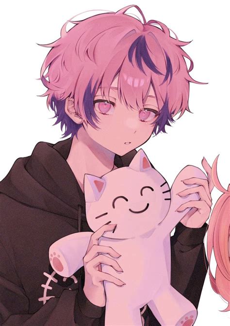 An Anime Character Holding A Cat With Pink Hair
