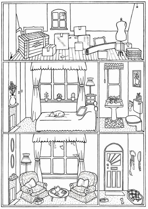 Bundle Of 4 Colouring Pages House Interiors Instant Download Print