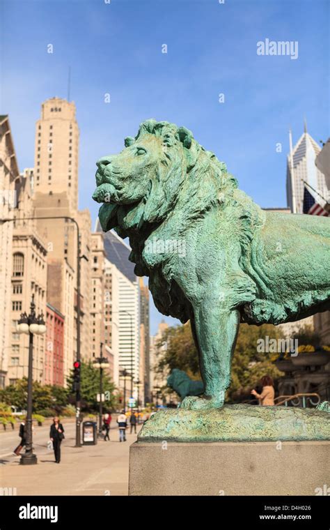 One Of The Two Iconic Bronze Lion Statues Outside The Art Institute Of
