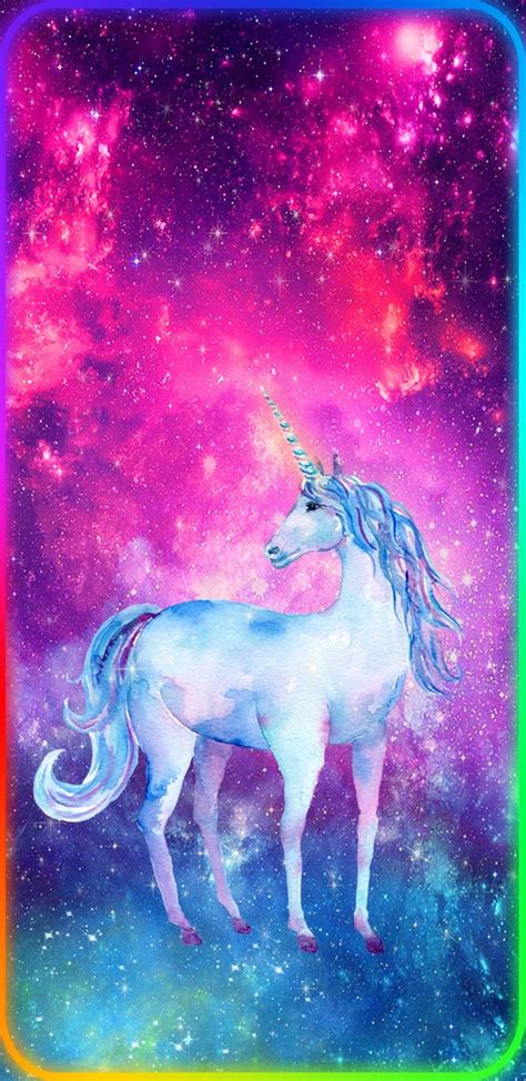 A Unicorn Standing In The Middle Of A Space Filled With Pink And Blue