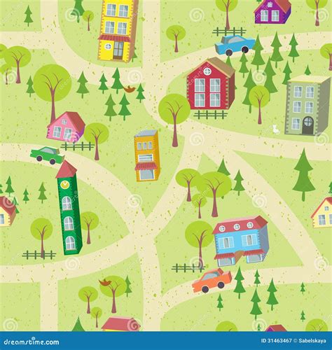 Cartoon Map Seamless Pattern With Houses And Roads Stock Vector